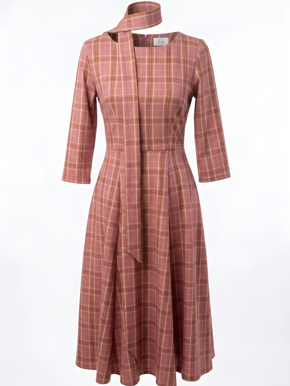 Chic Plaid Midi Dress with Scarf - Terracotta
